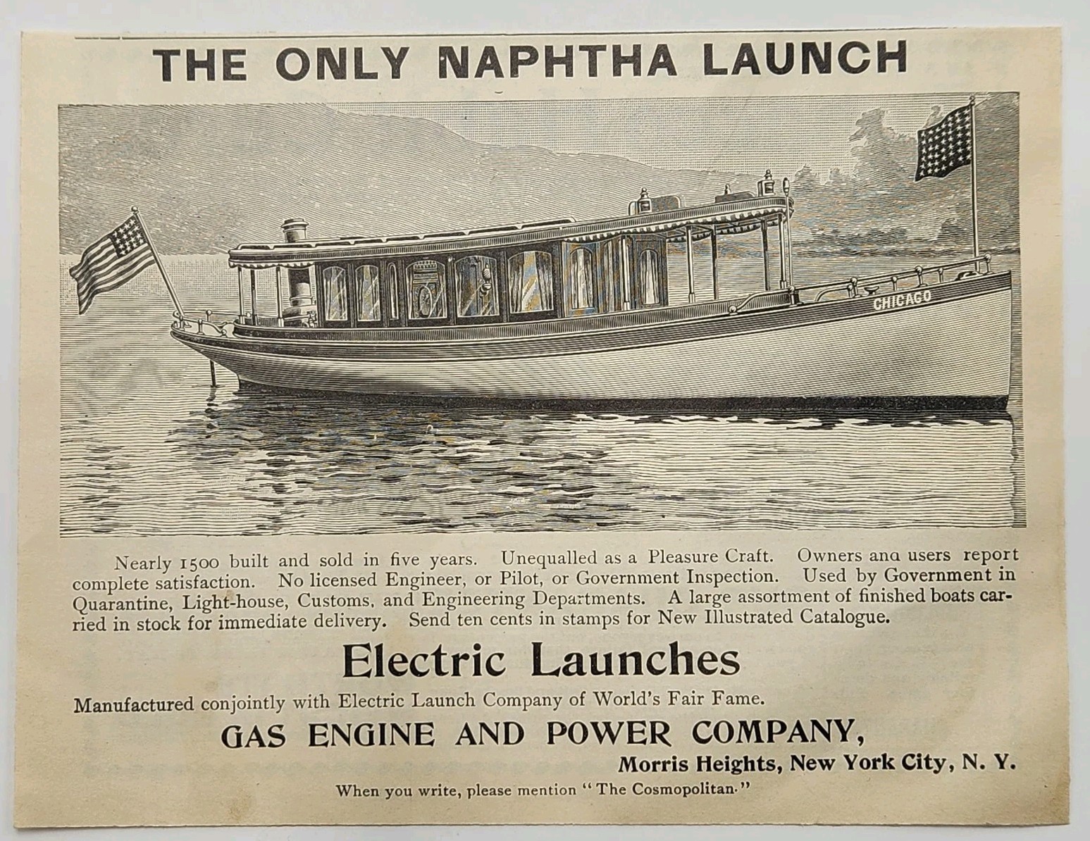 1894 Gas Engine & Power Co. Boats Electric Launches Naphtha Original Print Ad NY