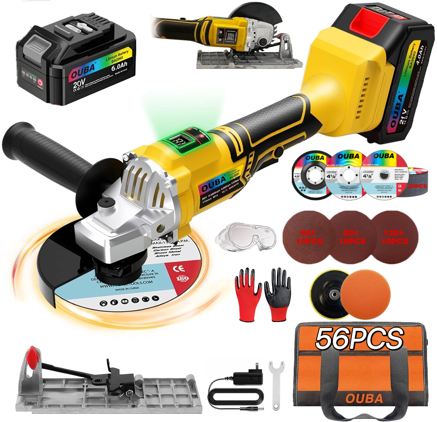 OUBA Cordless Angle Grinder for Dewalt 20V Max Battery Brushless 9500RPM 3-Speed