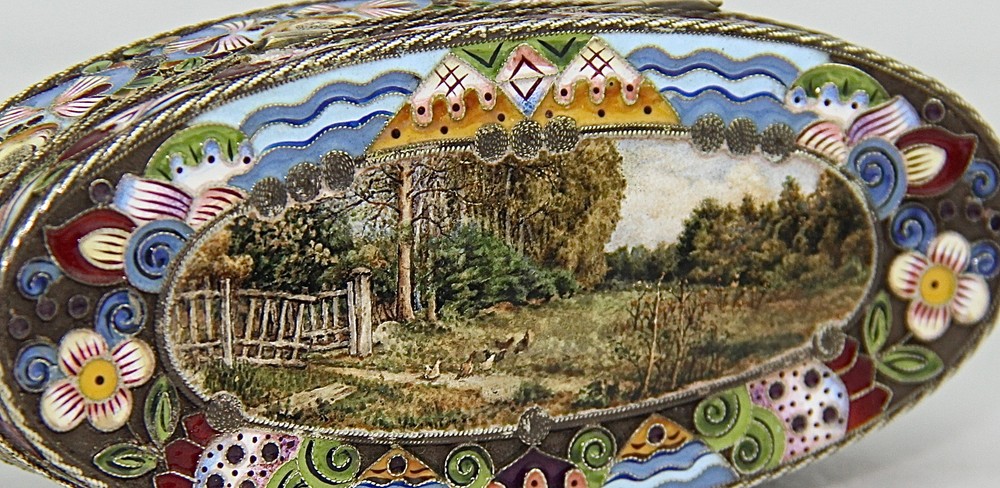 Russian 84 Silver Cloisonne Enamel Snuff or Pillbox