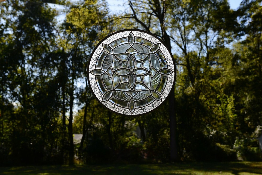 Handcrafted All Clear stained glass Round Beveled window panel 21" Dia