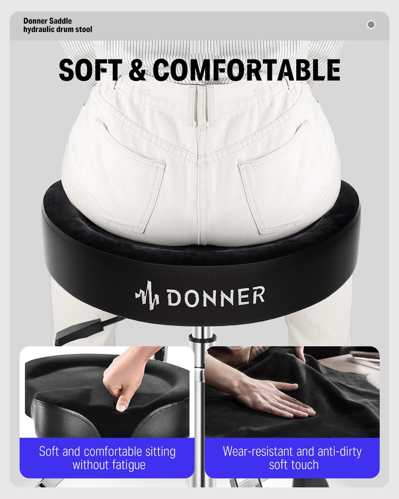 Donner DHT-250 Drum Throne With Backrest Motorcycle Style Stool Adjust Height