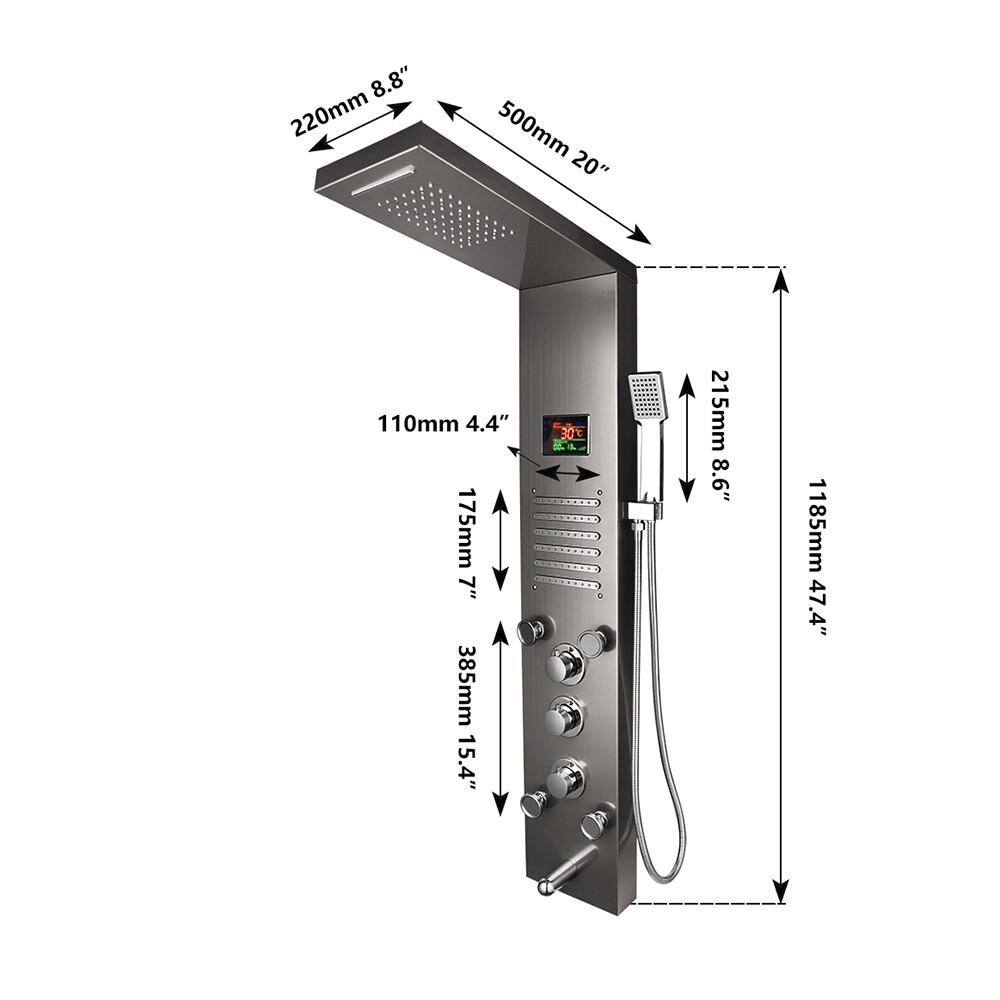 Digital Display Shower Panel Column LED Rain Waterfall Spa Jets Shower Mixer Tap