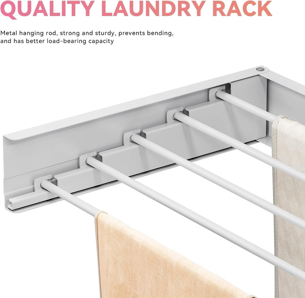 Wall Mounted Clothes Drying Rack Retractable Foldable Laundry Towel Rail White