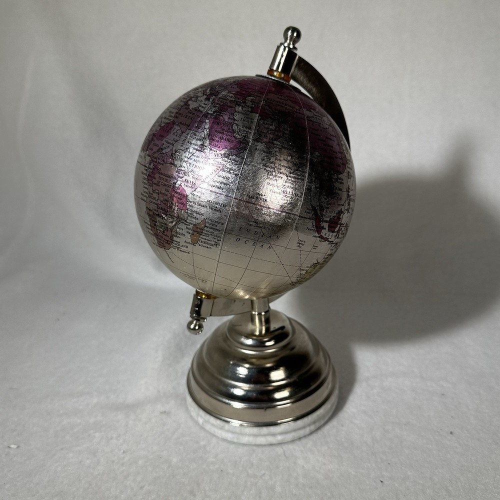Small 9” Silver Globe Spins On Axis with Base