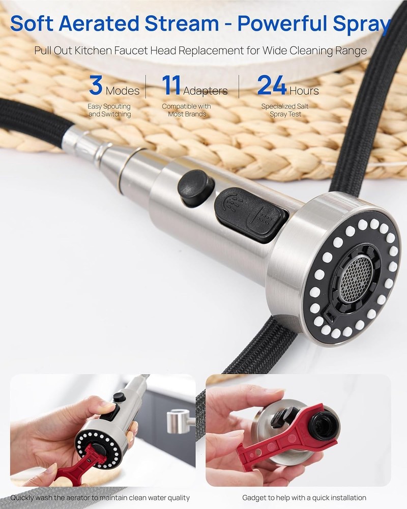 J-HVA Pull Down Kitchen Faucet Sprayer Head Replacement Part, 3 Function Pull Ou