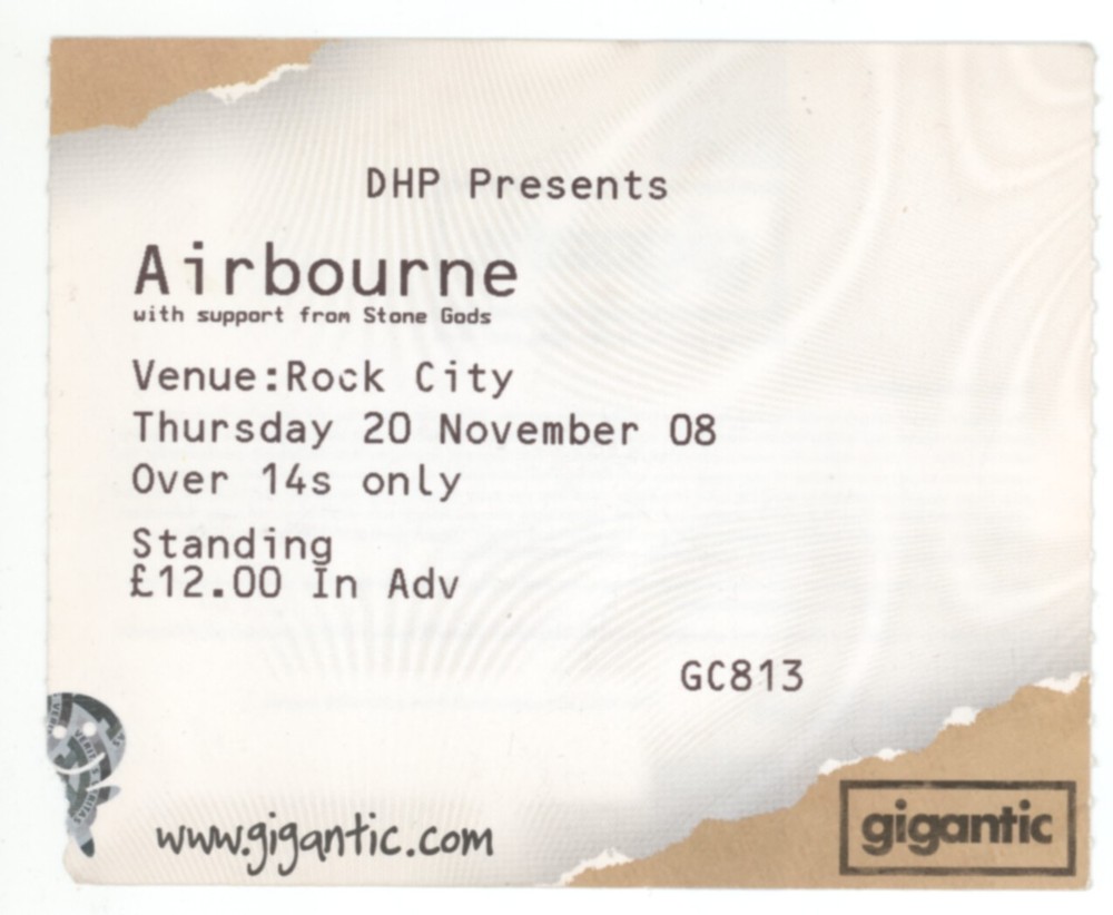 Airbourne 11/20/08 Nottingham England Rock City Concert Rare Ticket Stub!