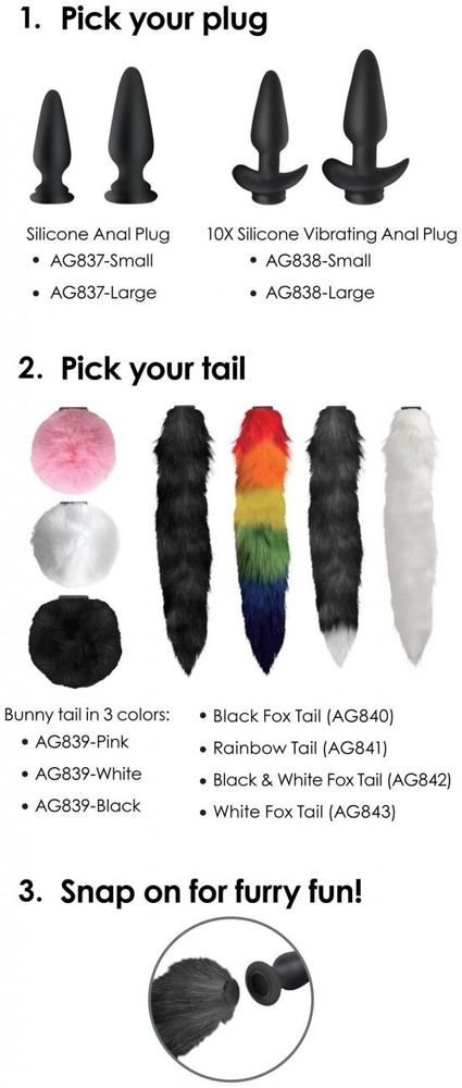 Small Vibrating Anal Plug w Interchangeable Fox Tail White & Black Ass Butt Pet