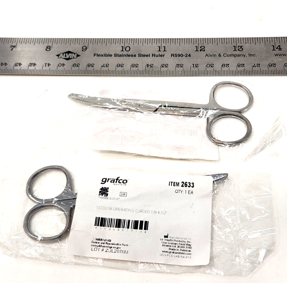 2 Pack Grafco Curved Operating Scissors, 4.5", Sharp/Blunt, Stainless Steel 2633