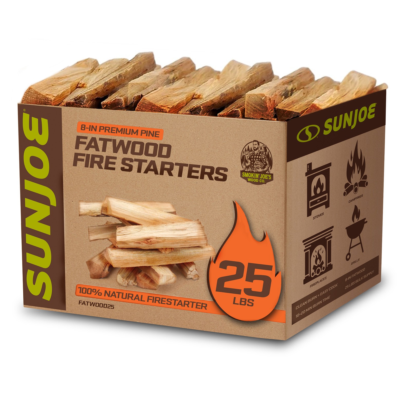 Sun Joe 25 Lb Fatwood Fire Starter Sticks for Fireplace, Wood Stove & Grill Use