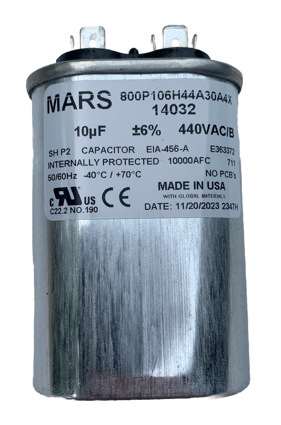 Mars 14032 Oval Motor Run Capacitor 10 MFD 440/370V, Made in USA