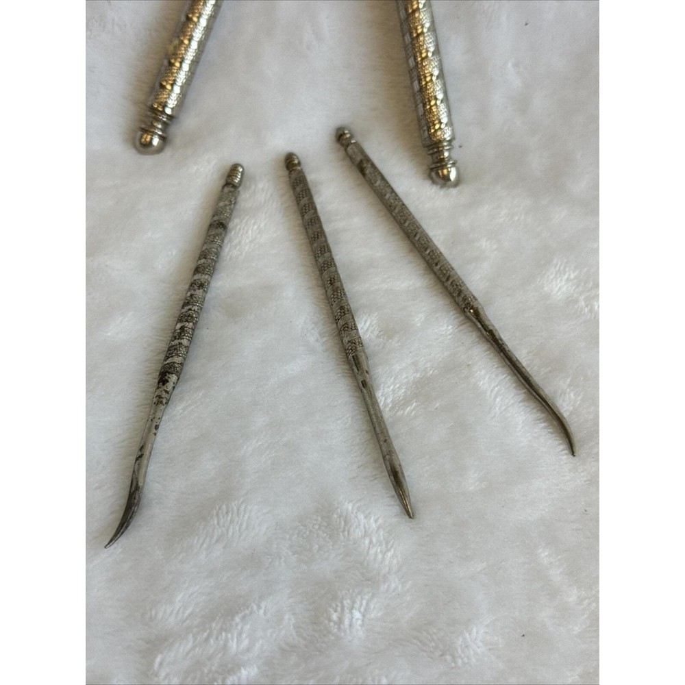 Vintage Silver Tone Nut Cracker Set with Picks Ornate Engraved Design