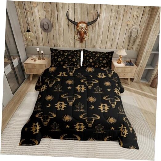 Western Bull Skull Comforter Set Boho Aztec Cow Bedding Set Queen Brown Black