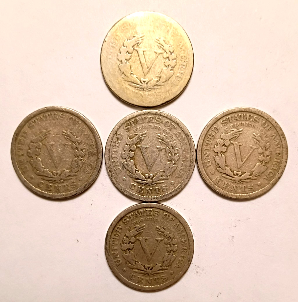 Liberty Head "V" Nickels Lot #31-1905, 1908, 1910, 1911, 1912