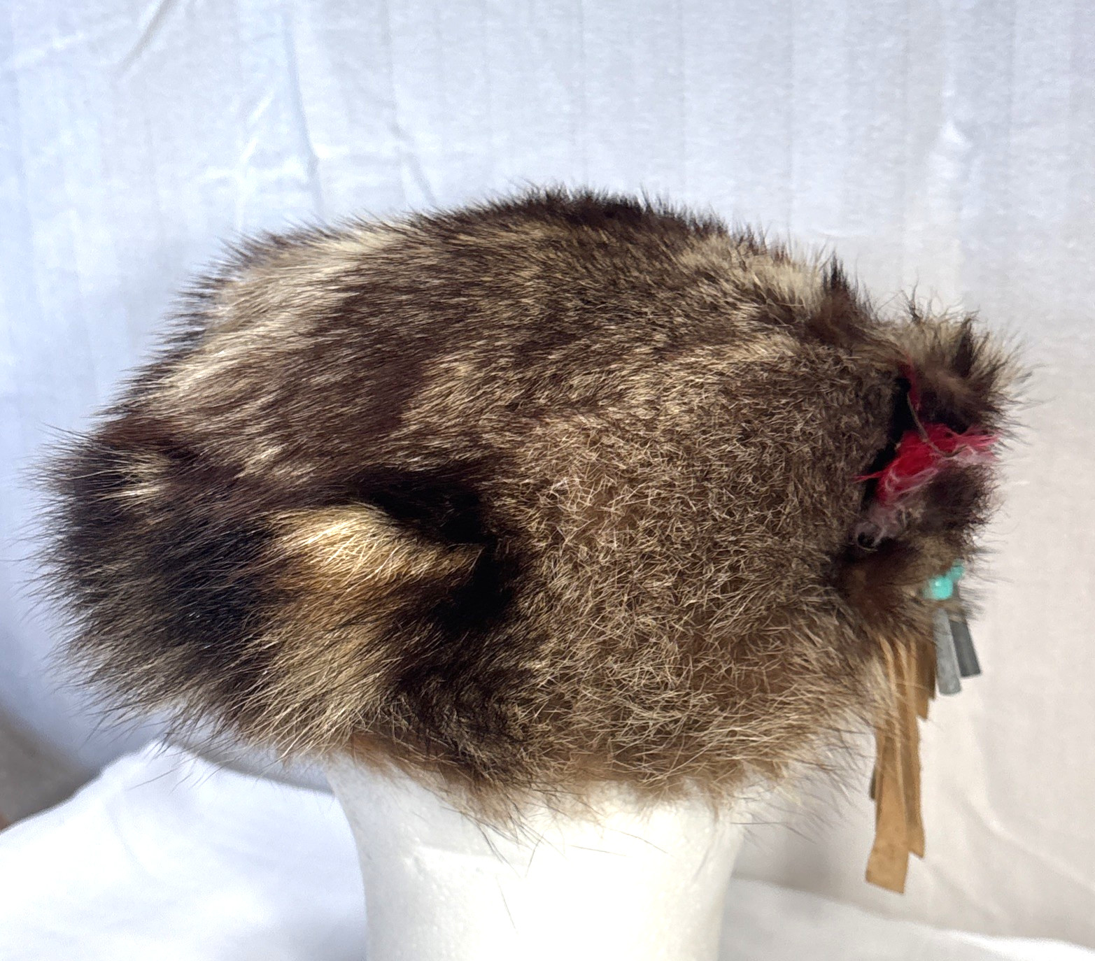 Custom Native American Racoon fur hat with Leather Brim + Beaded Accents Size M