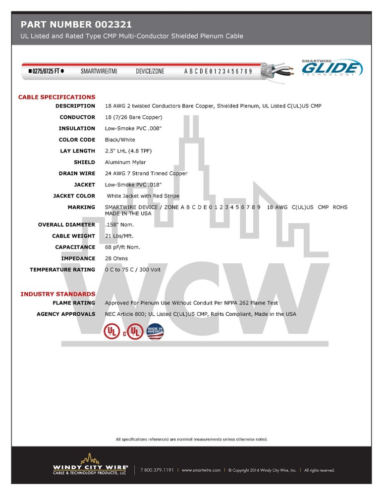 Windy City Wire 18/2C Shielded Plenum Security/Alarm Cable White w/Red /100ft