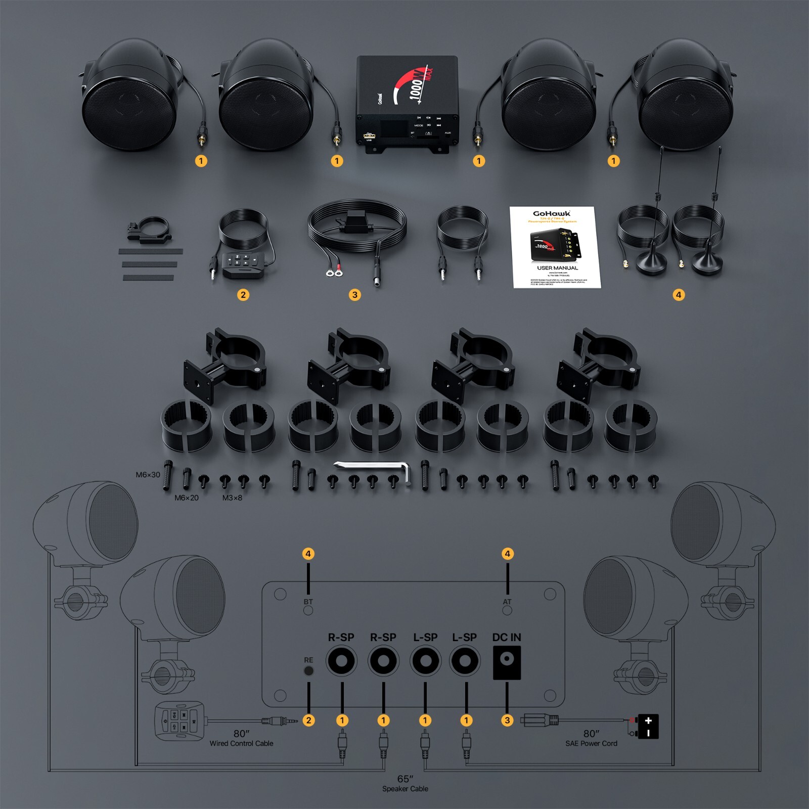 1000W Amp Waterproof Bluetooth Motorcycle ATV Stereo 4-CH Speakers Audio System