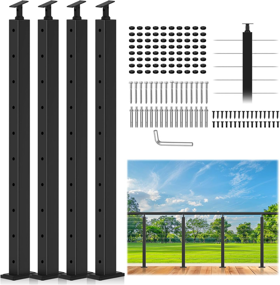 4 Pack 36" Black Stainless Steel Cable Railing Posts for Deck & Balcony