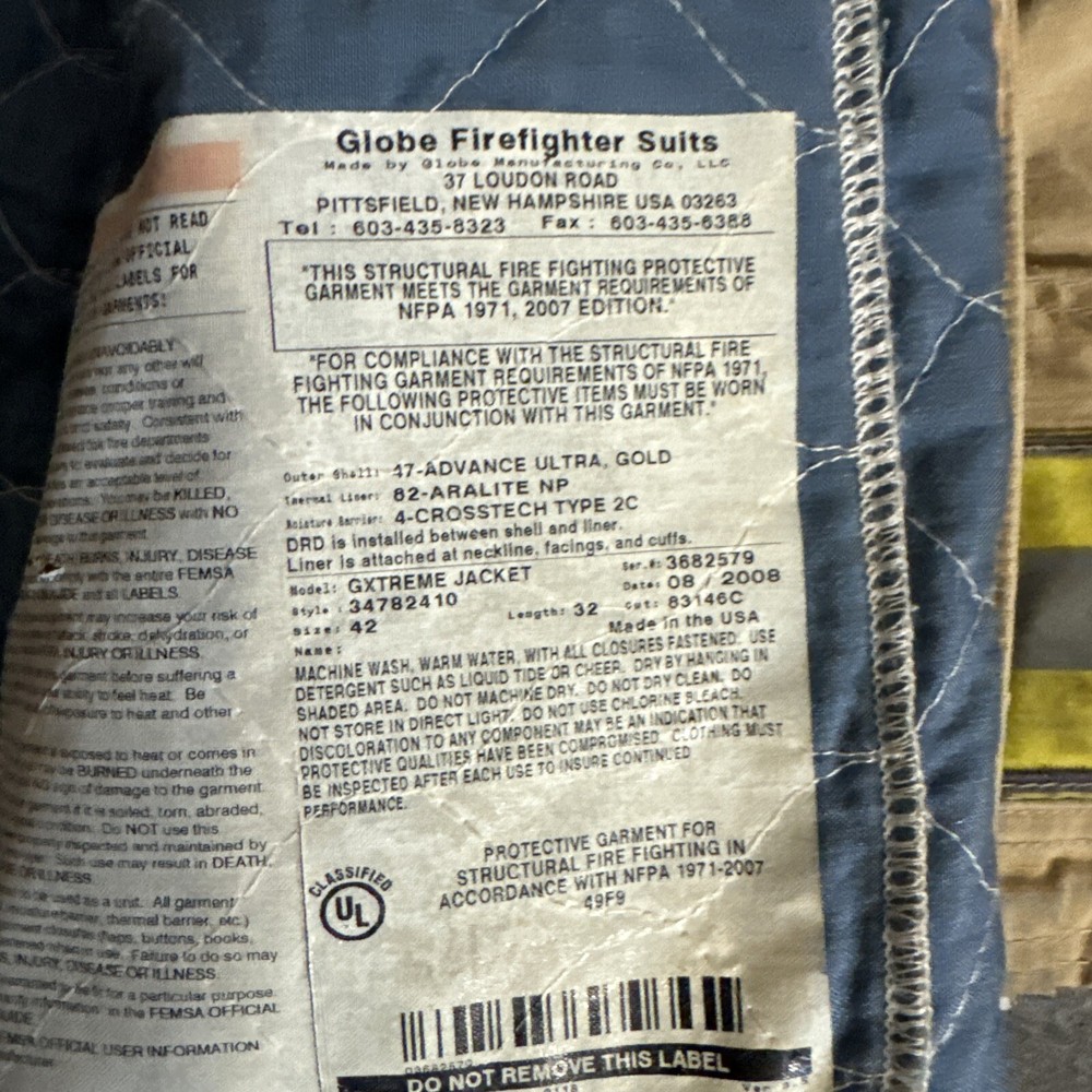 GLOBE GXTREME Firefighter Turnout Bunker JACKET FIRE COAT Size 42