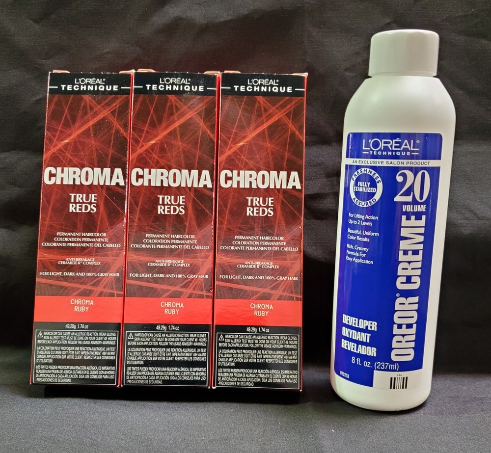 L'Oreal Technique True Reds Chroma Ruby 1.74oz (3 Pack) with 8oz 20 Volume Oreor