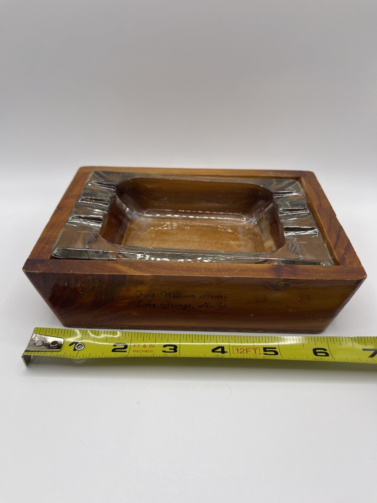 Fort William Henry Ashtray Lake George NY Souvenir Two Piece Wood and Glass