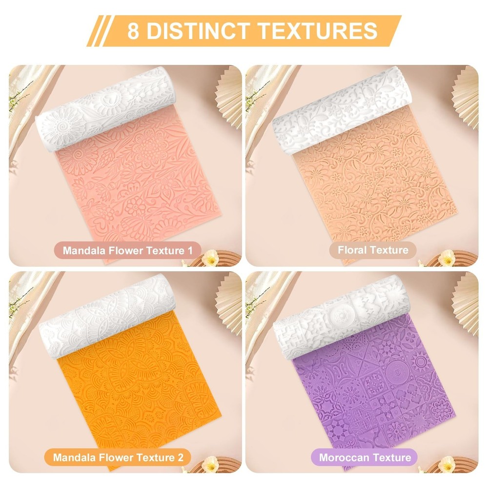 8 Pcs Polymer Clay Texture Roller, Texture Roller for Clay, Pottery Texture R...