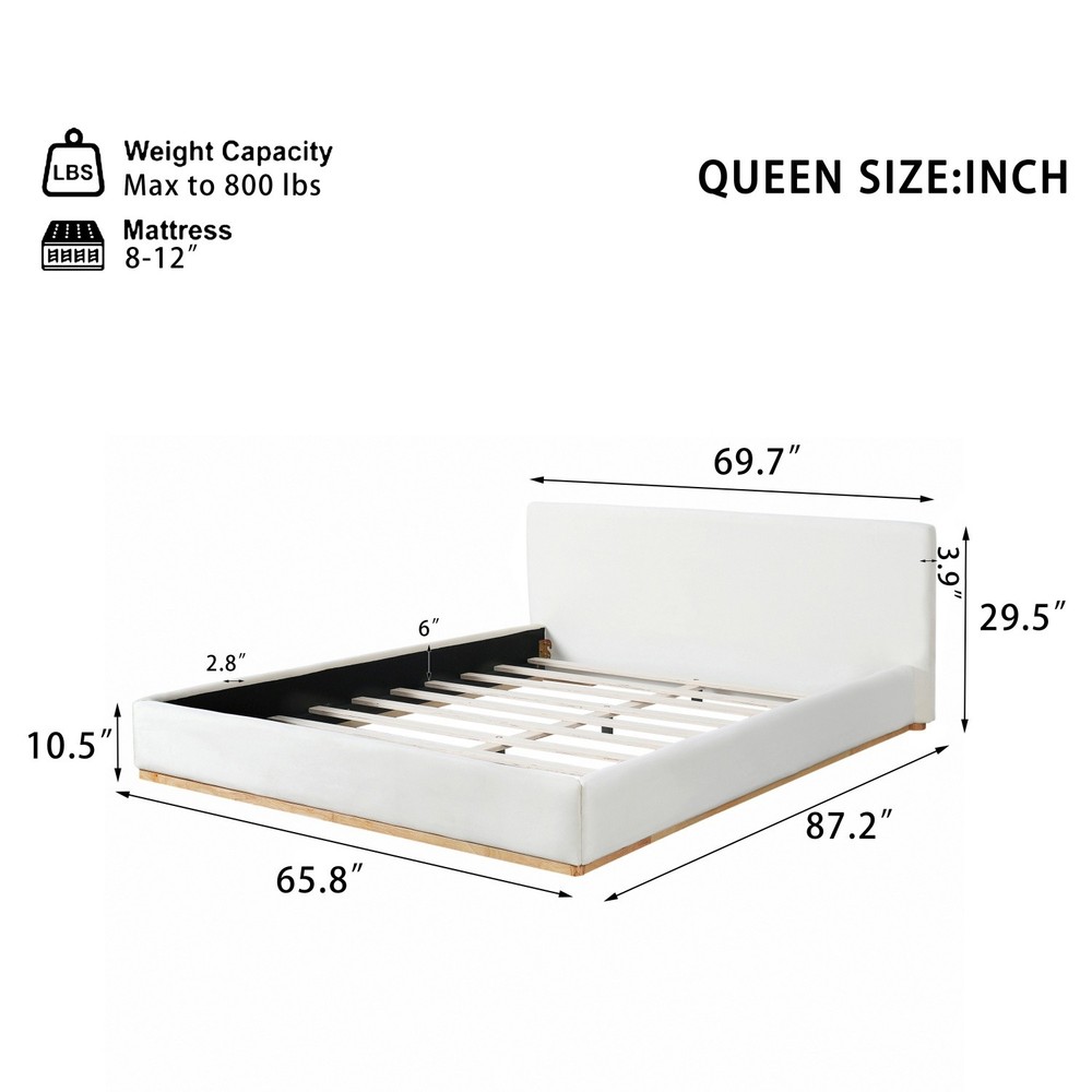 Queen/King Size Solid Wooden Platform Bed Frame Velvet Upholstered Headboard