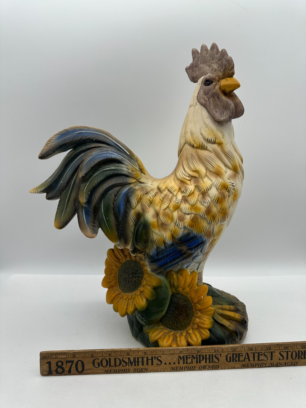 Large Ceramic Rooster Figurine Statue with Sunflowers French Country Decor 16.5"