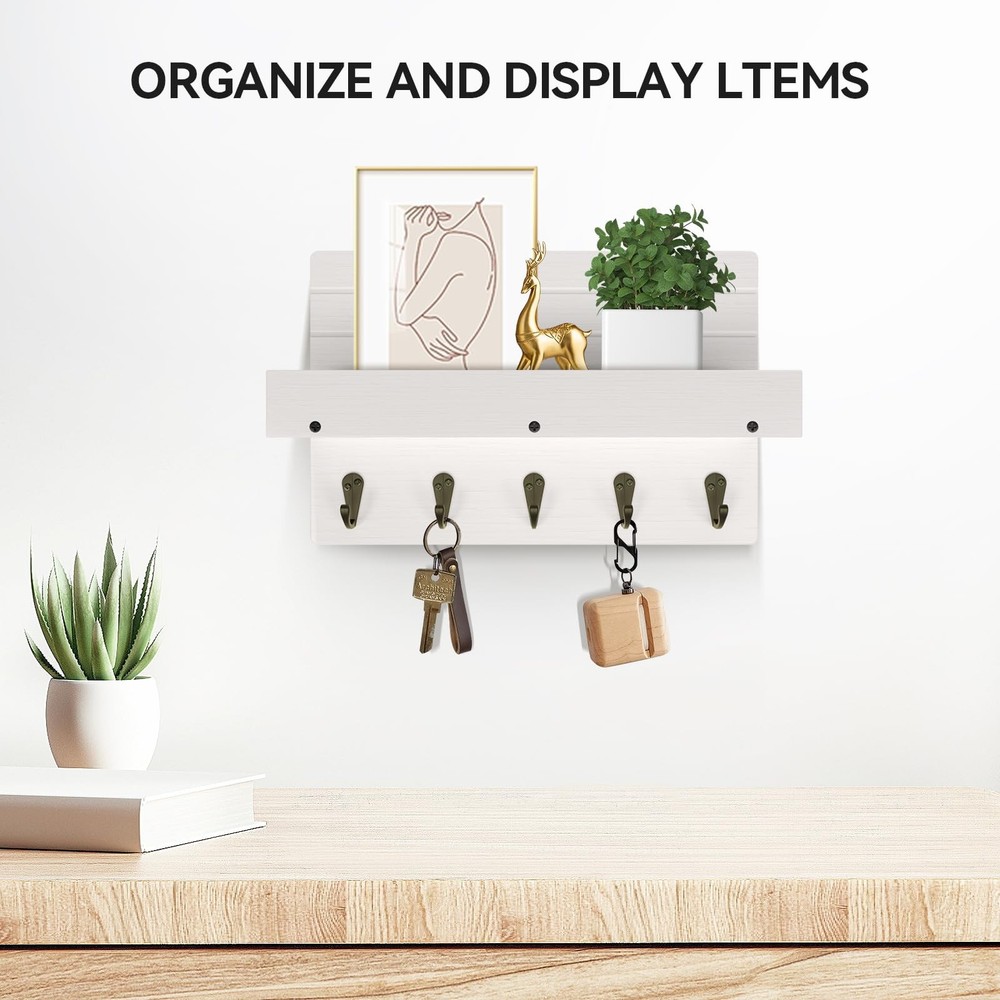 Key Holder Wall Mount, Rustic Key Hooks for Wall with Shelf for Mail Organize...