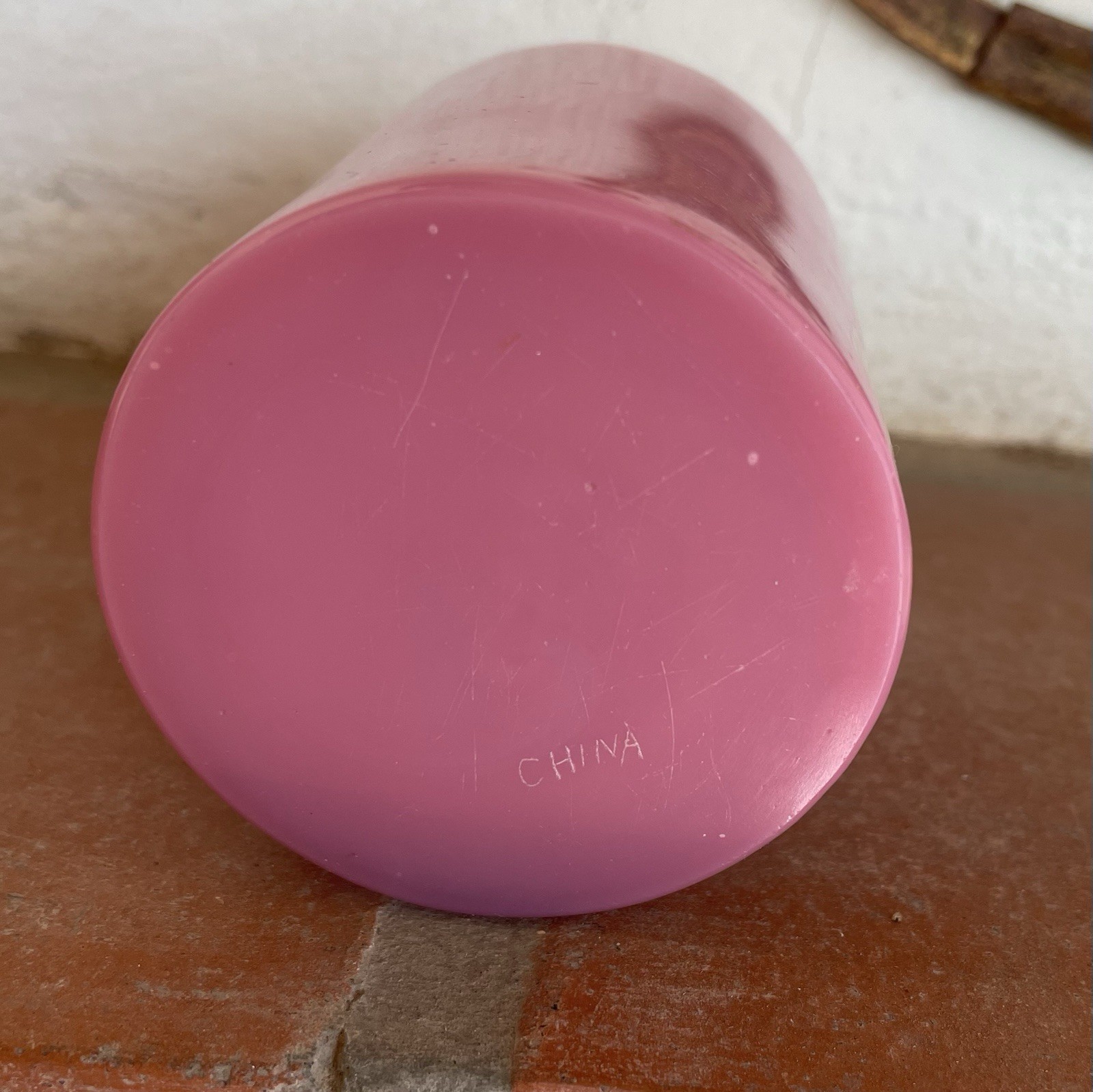 Vintage Chinese Opaque Pink Peking Glass Cup Jar Antique Etched Mark CHINA