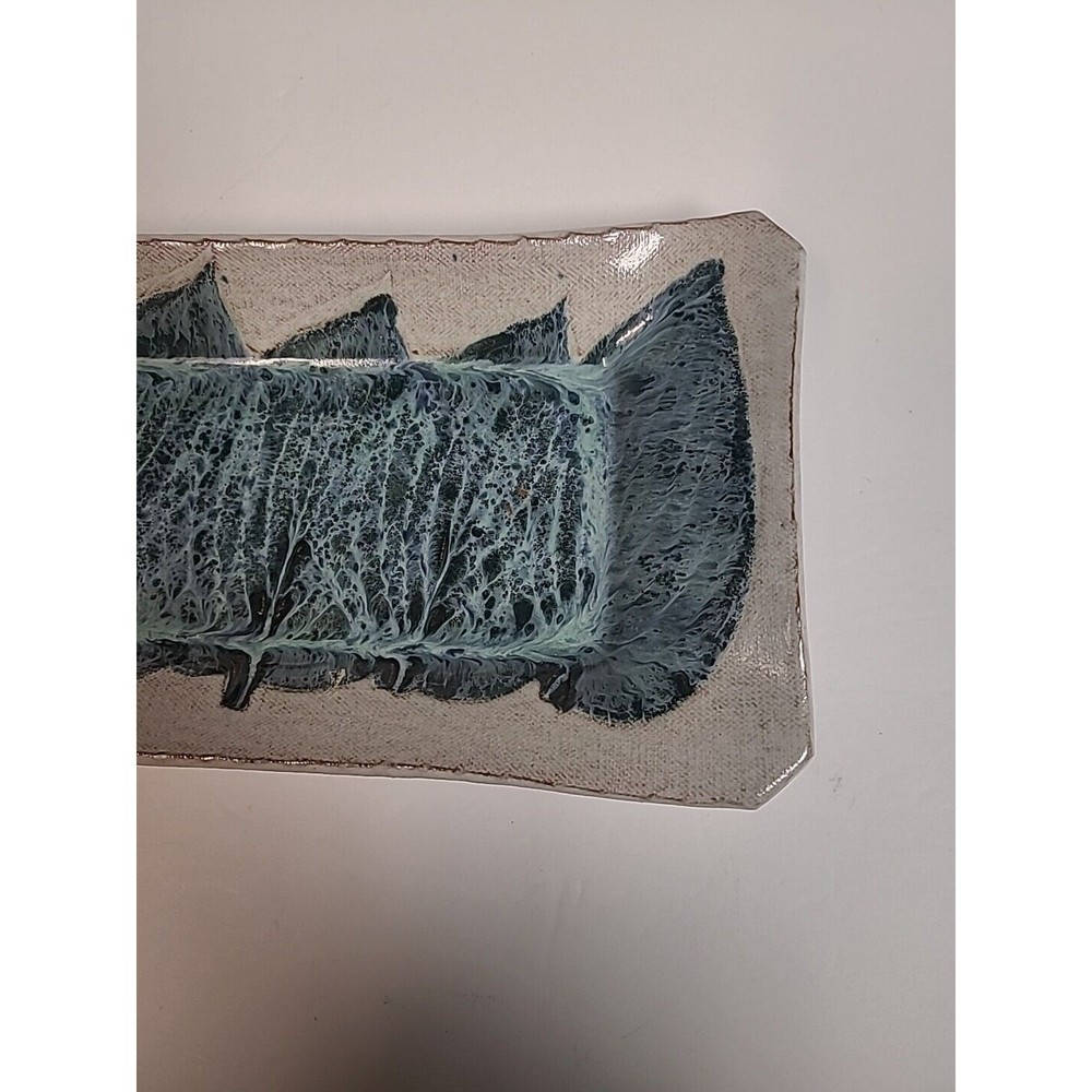 Decorative Handmade Tray Rectangle Grey Blue Leaf Design Abstract Ceramic 12 in