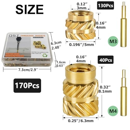 170Pcs Threaded Inserts Set Brass Heat Set Insert M3 M4 Insert Nut 170Pcs Kit
