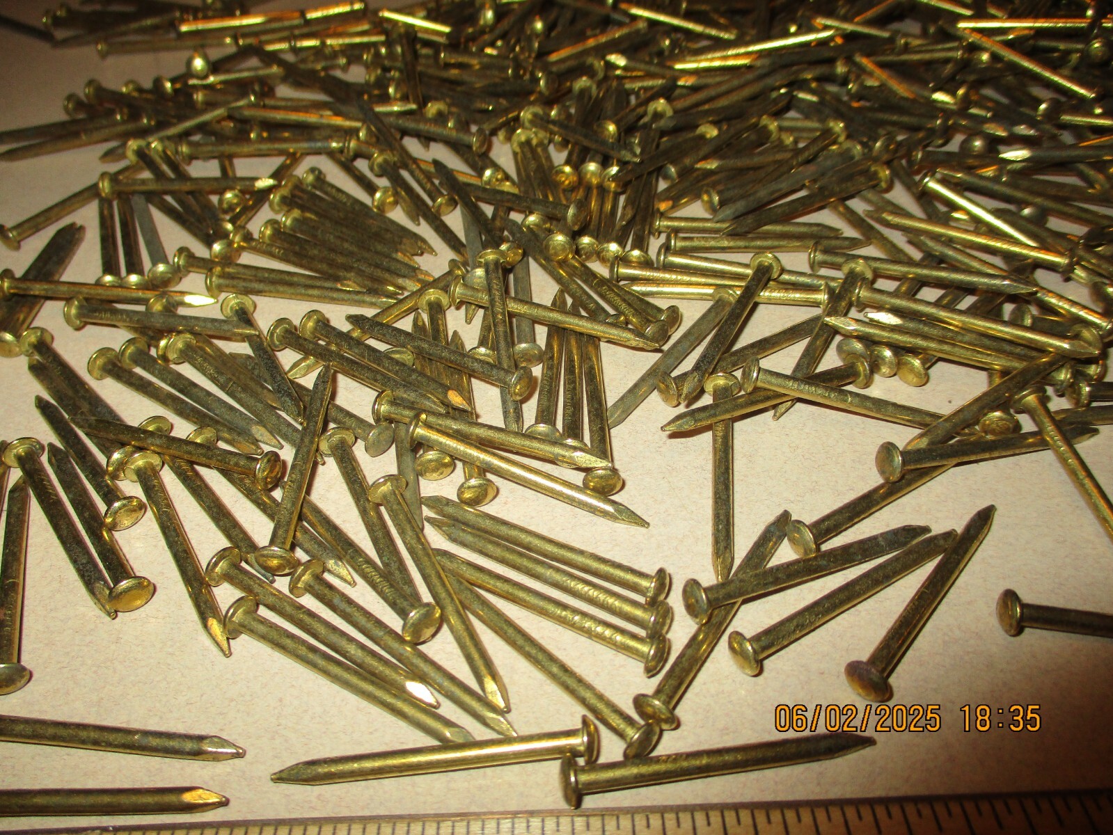 REAL NICE LOT OF 100--1 3/8" LONG X JUST UNDER 1/8" SHANK BRASS PLATED NAILS