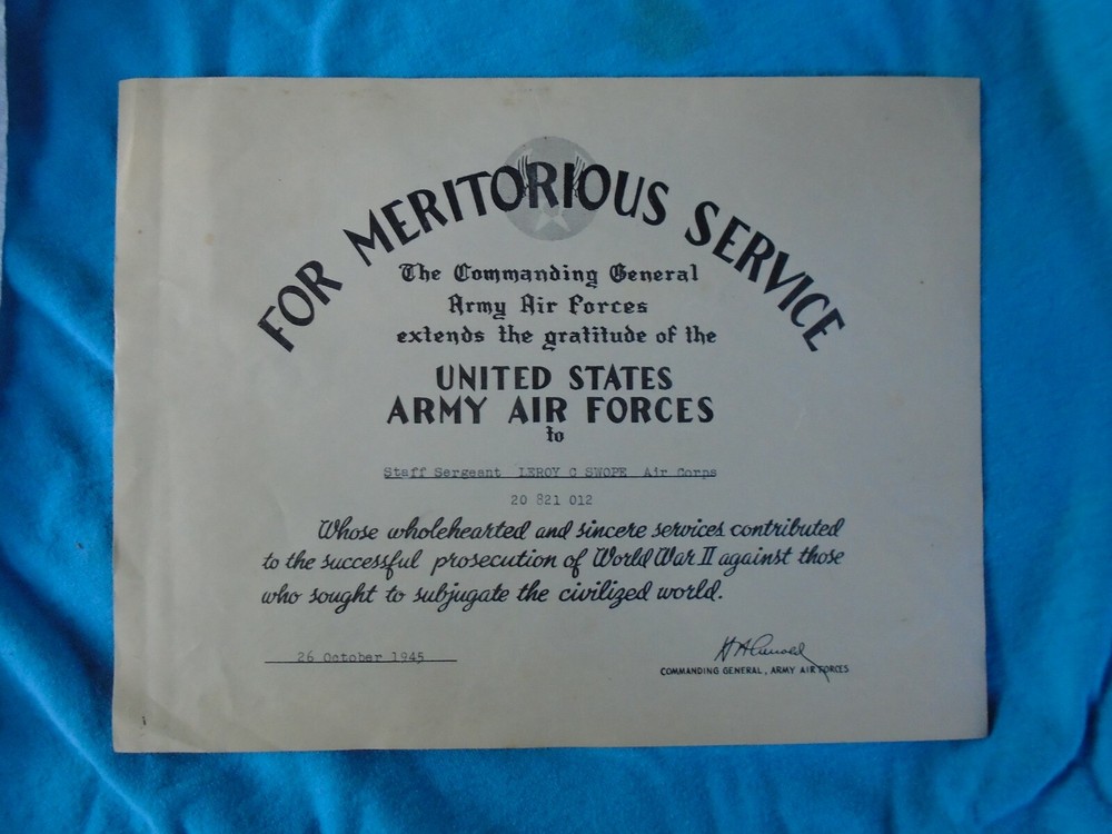 WWII US Army Air Force Meritorious Service certificate named & dated