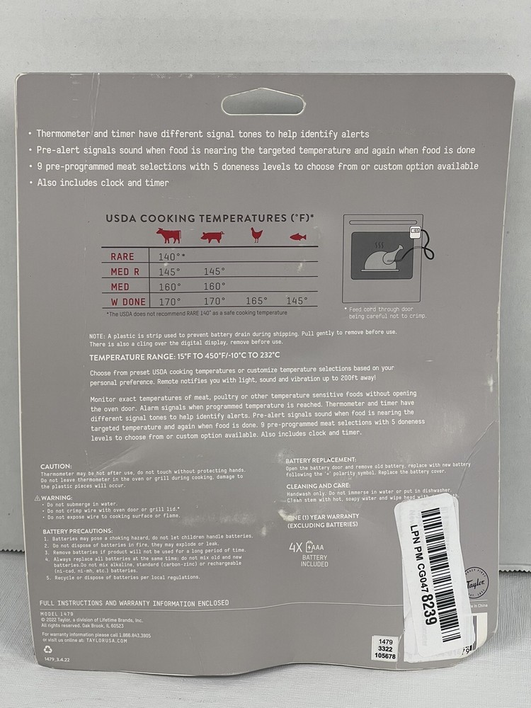 Taylor Wireless Grill Thermometer 1479, Programmable with Remote, NEW!