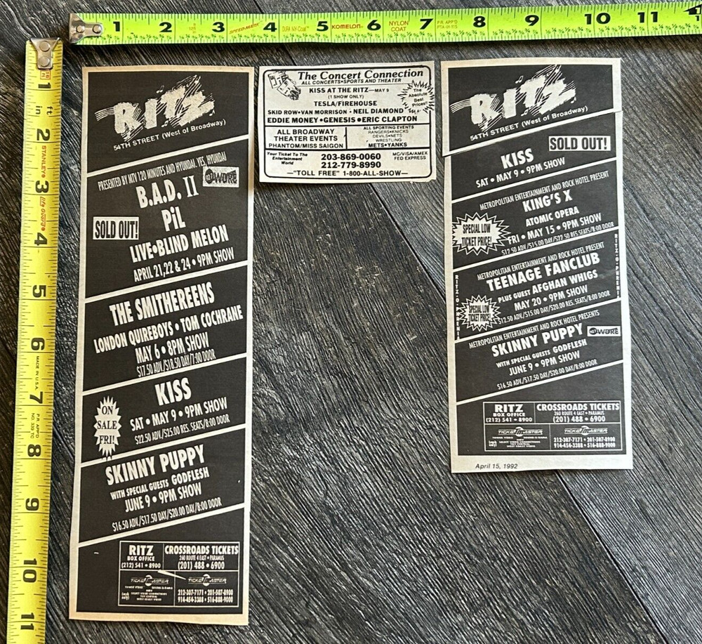 KISS Concert Ad Advert Revenge Tour Ritz NYC May 9 1992 Lot Kulick Vintage Kiss