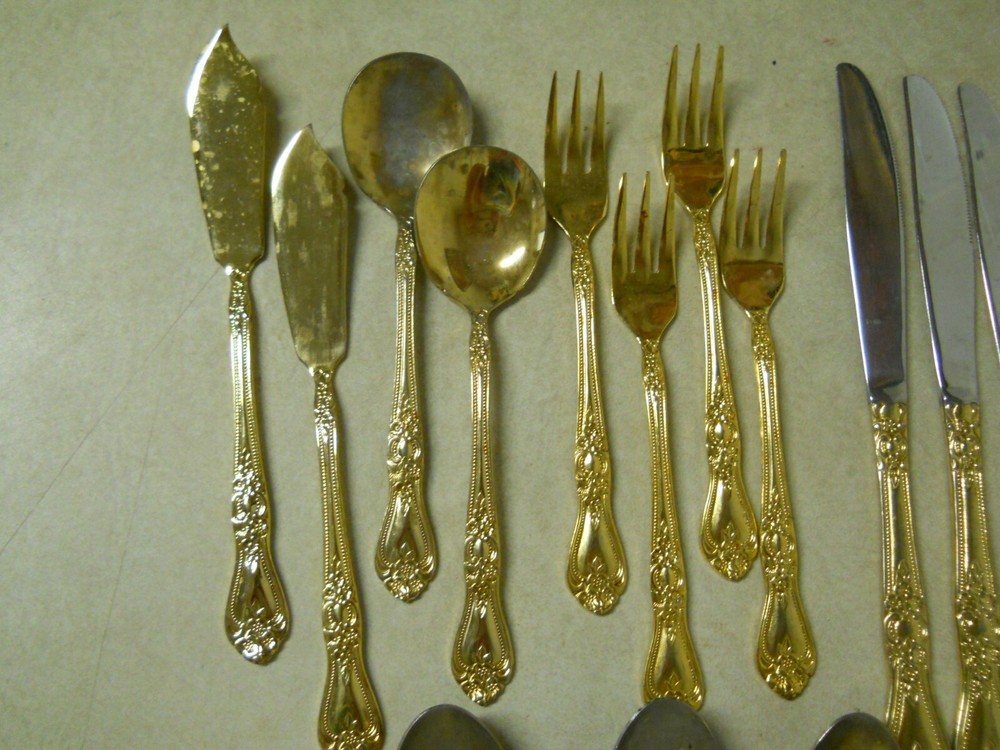International EP Gold Precious Rose Pattern Flatware Set Replacements 63 PC