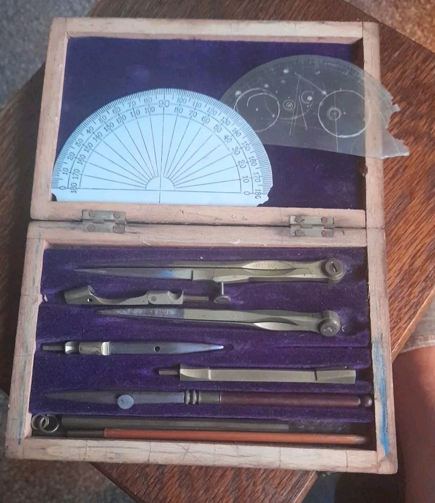 VICTORIAN DRAFTSMAN SET BRASS BOXED INTERCHANGABLE PIECES Complete