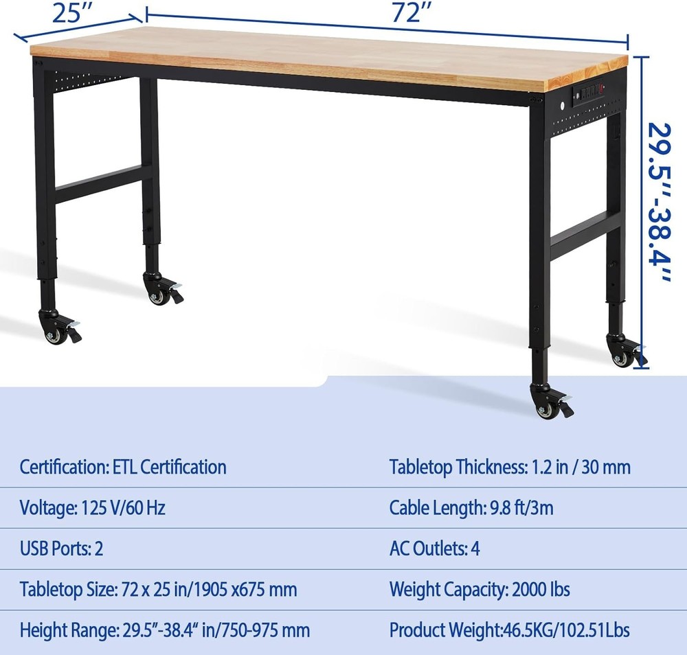Adjustable Height Workbench 72"L x 25"W Work Bench Table w/ Power Outlets 2000 L