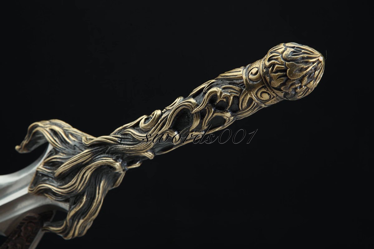 Handmade Exquisite Brass Handle Short Sword Damascus Steel Blade Leather Sheath