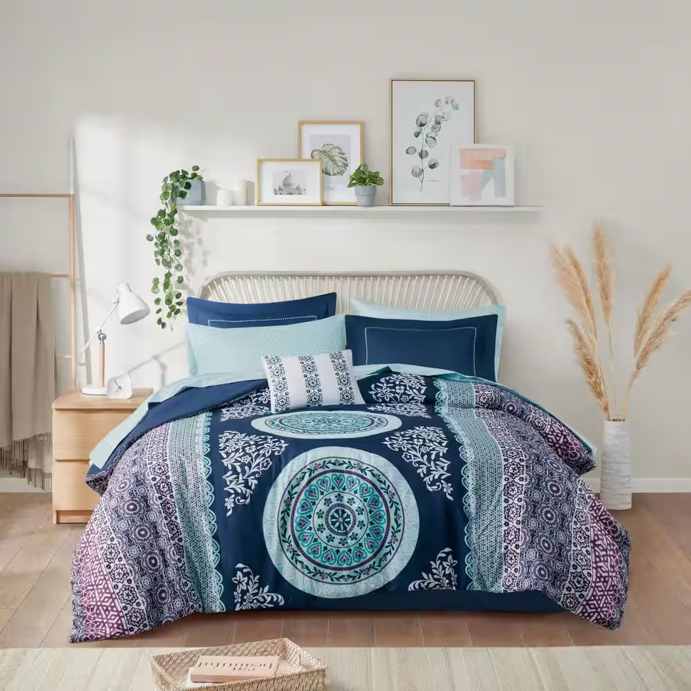 9 Piece Navy Soft Microfiber Queen Size Brush Printed Pattern Boho Comforter