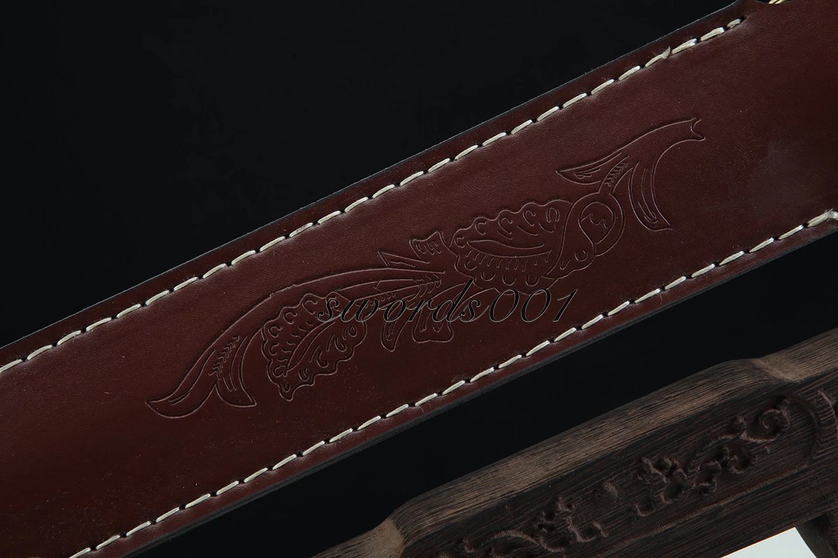 Handmade Exquisite Brass Handle Short Sword Damascus Steel Blade Leather Sheath