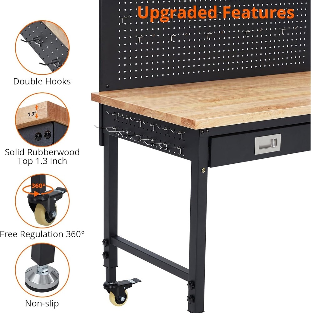 48"Garage Workbench|Pegboard,Drawers,Power Outlet|Tool Bench&Wheels for Workshop
