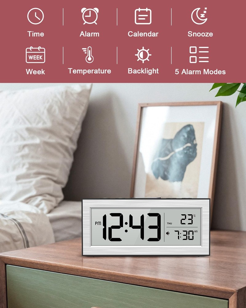 Digital Alarm Clock, Battery Powered LCD Clock with Auto Dimmer, Snooze, Temp...