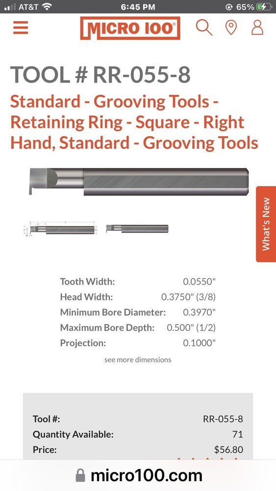 Micro 100, RR-055-8 Solid Carbide Retaining Ring Grooving Bar, .055” Wide USA!!