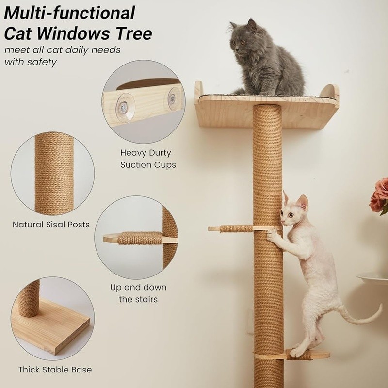Sturdy Adjustable Cat Window Perch Tree W/ Scratching Post & Suction Cups New