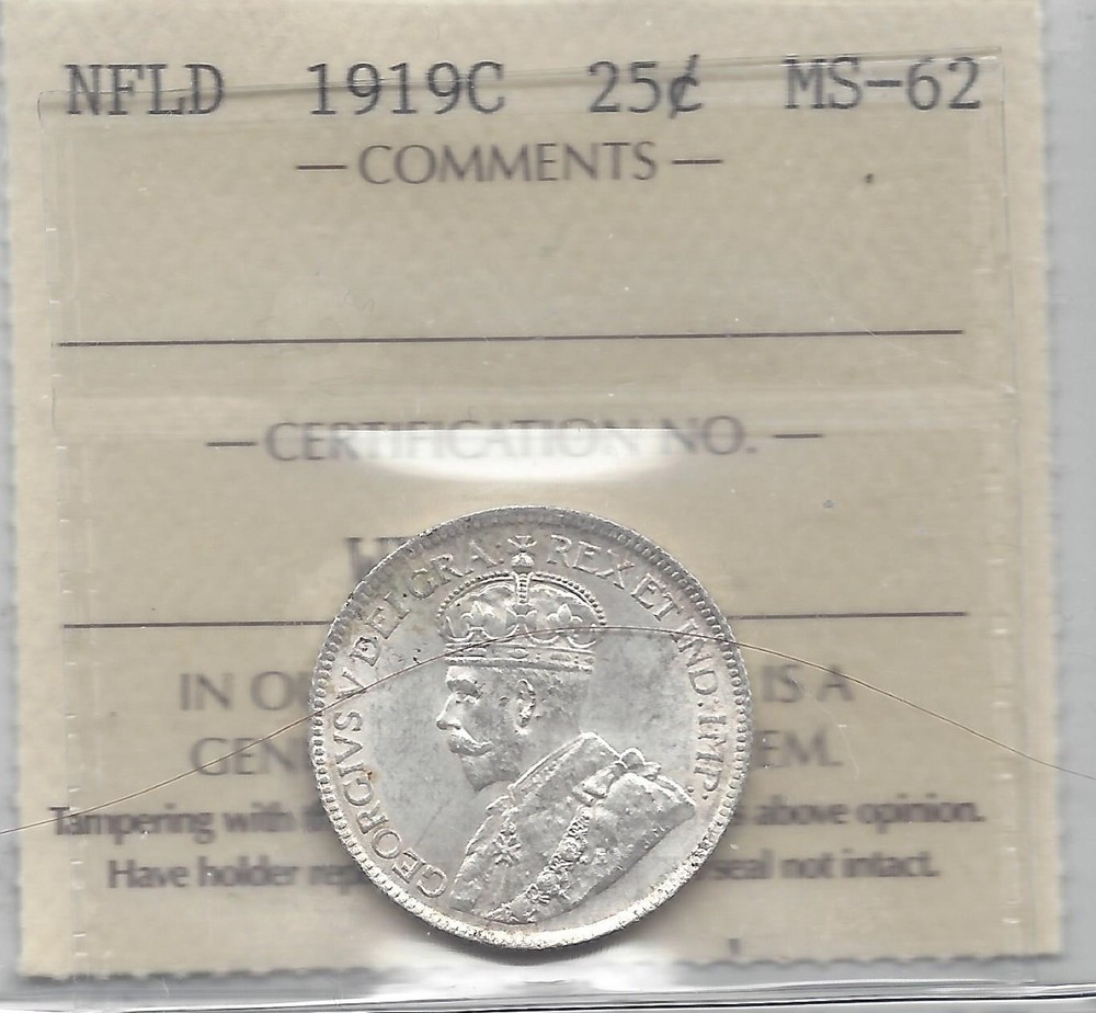 1919c  ICCS Graded, Newfoundland Twenty-five Cent, **MS-62**