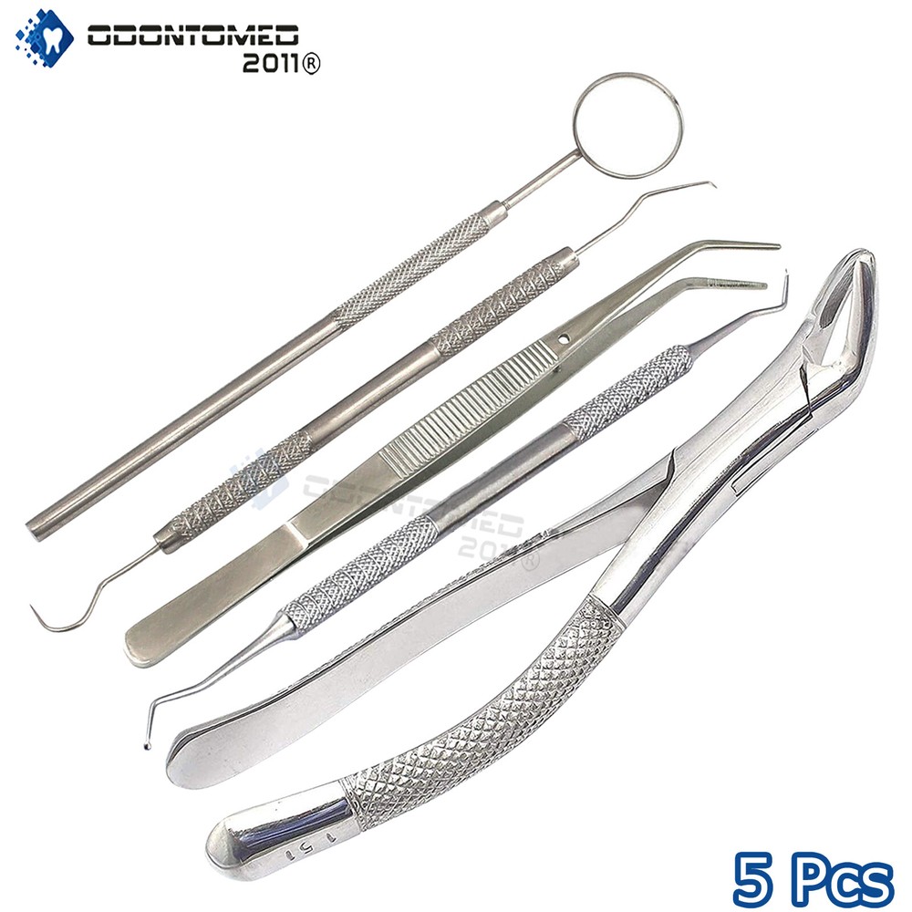 5 Dental Basic Instruments Set Mirror, Plier, Explorer, Extracting Forceps#151