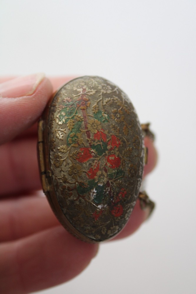 Antique 19th Century Painted Brass Egg Chatelaine Thimble Case w/ (2) Thimbles