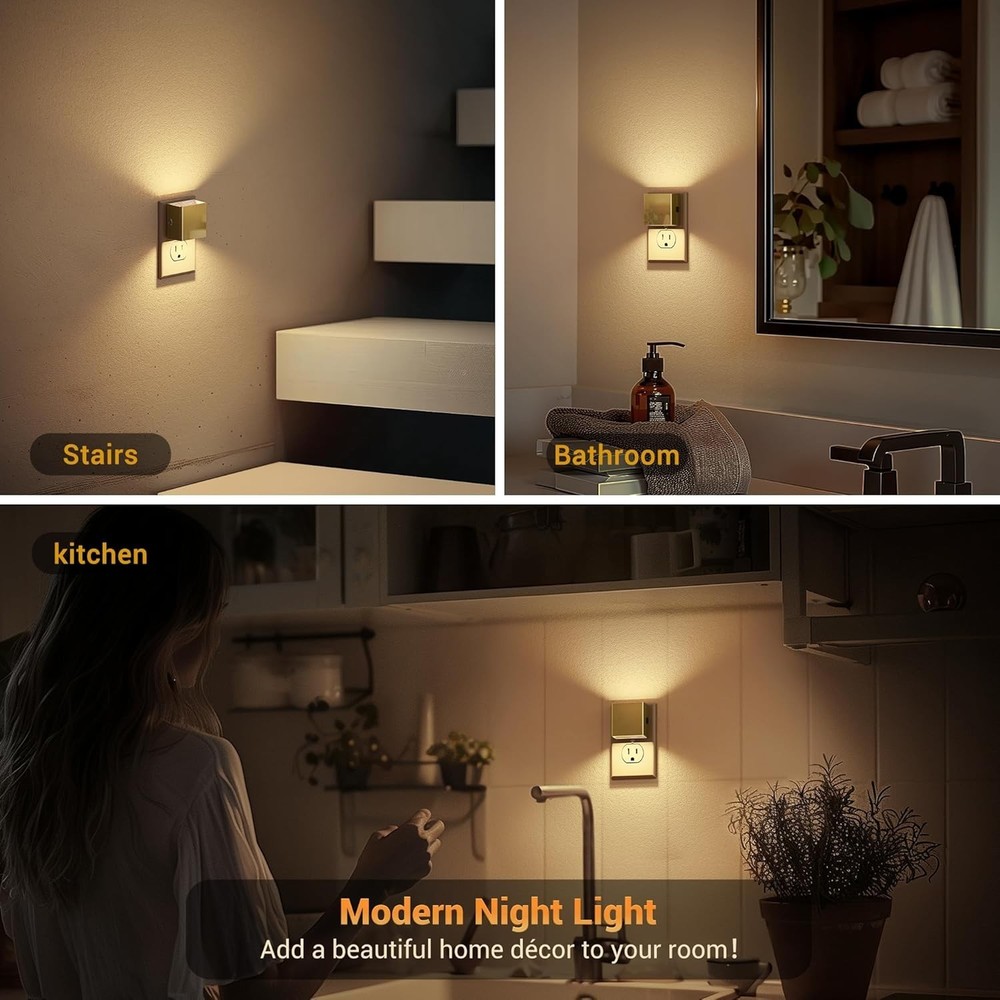 Stylish 2 Pack Electroplated Gold LED Night Lights - Adjustable Soft White Glow