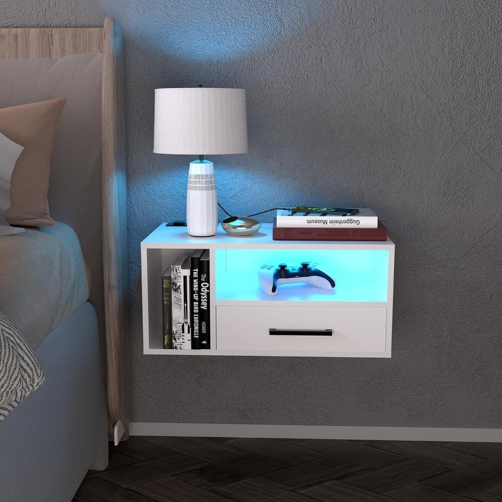 Floating Nightstand with Charging Station and LED Lights Floating Bedside Table